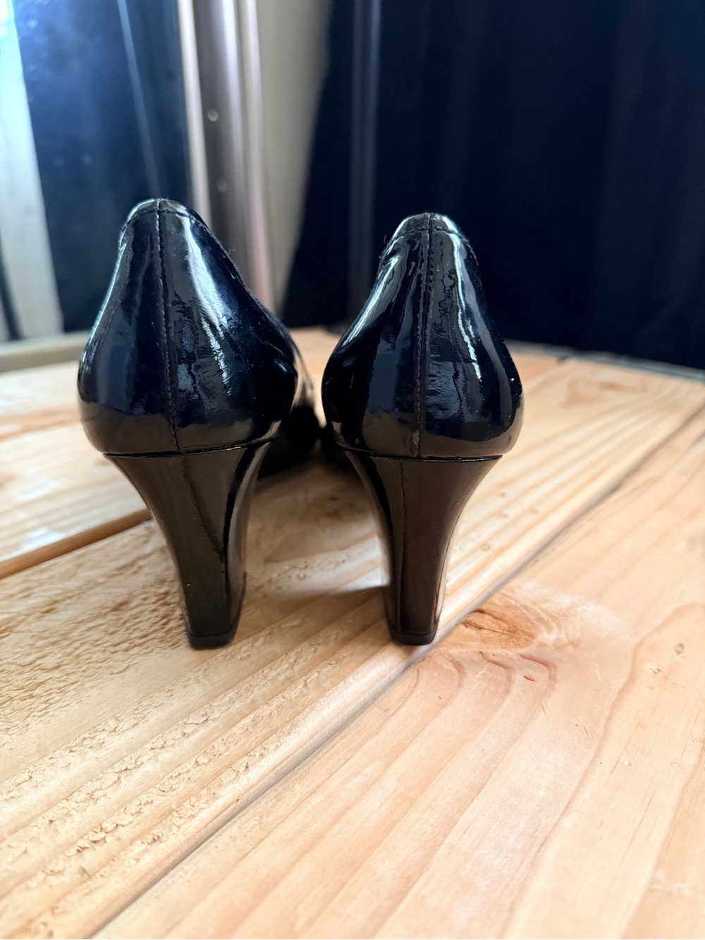 Women's Prada Black Patent Leather Block Heel Pumps with Gold Accent - Picture 4 of 5